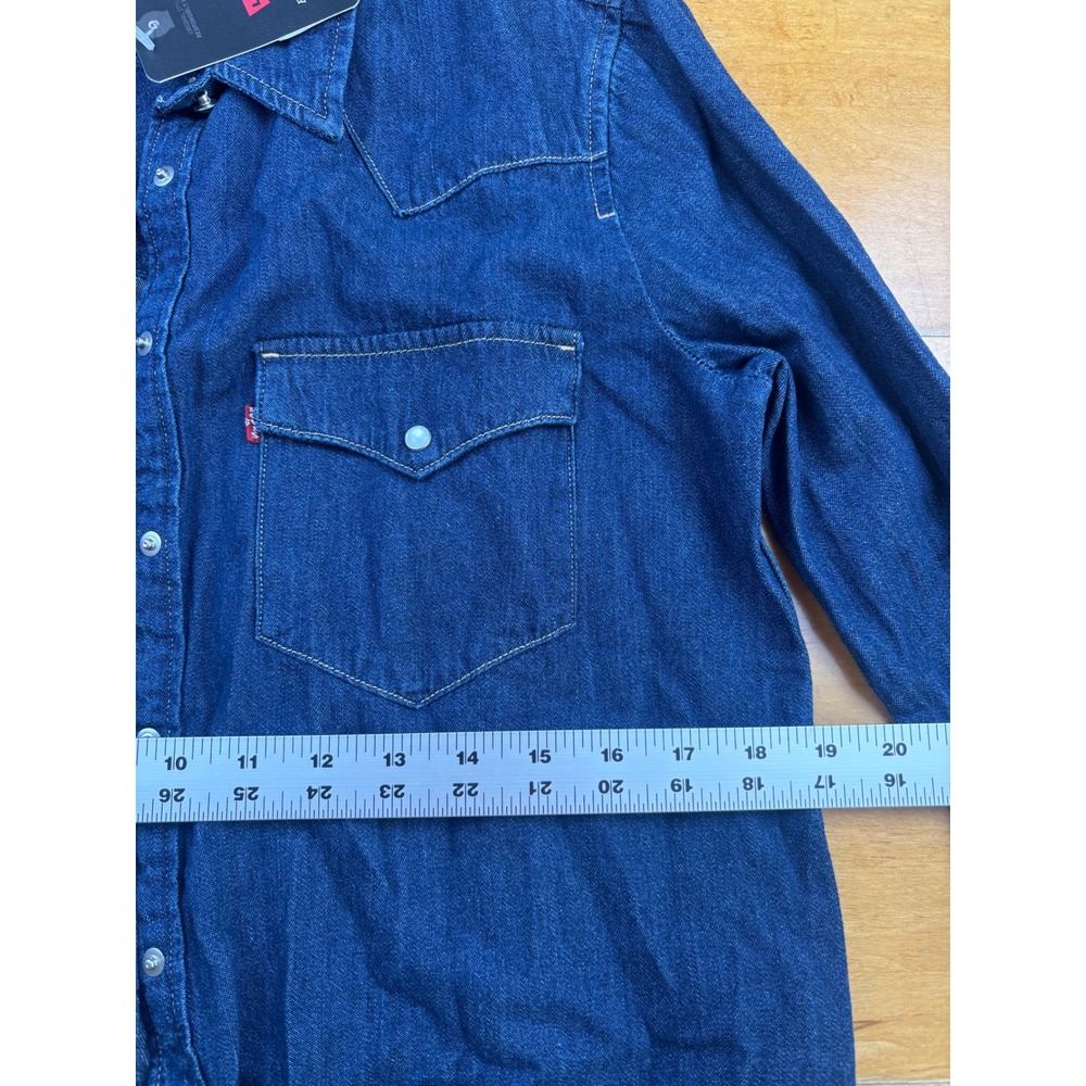 Levis Essential Western Denim Shirt Dark Wash Blue Pearl Snap Long Sleeve Small - Picture 4 of 5